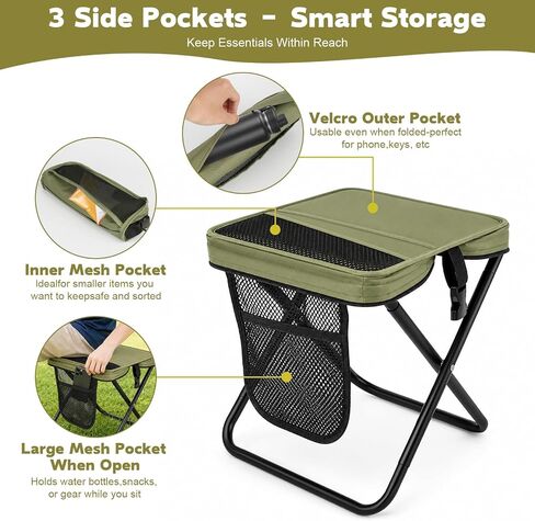 Take a Seat Anywhere! This 16" Folding Stool Holds 400 lbs – Lightweight & Collapsible with 3 Side Pockets & Shoulder Strap, Perfect Portable Chair for Hiking, Fishing, Camping (Green) in Saudi Arabia