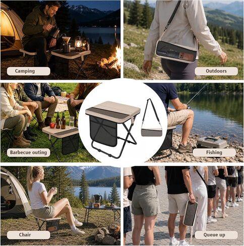 Soly Portable Folding Stool,14.2"Collapsible Camp Stool with Storage Pocket | Metal Frame, Fabric Seat, Mesh Pocket, Shoulder Strap, Compact Fold for Camping, Fishing, Hiking, or Travel in Saudi Arabia