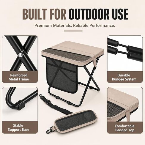 Soly Portable Folding Stool,14.2"Collapsible Camp Stool with Storage Pocket | Metal Frame, Fabric Seat, Mesh Pocket, Shoulder Strap, Compact Fold for Camping, Fishing, Hiking, or Travel in Saudi Arabia