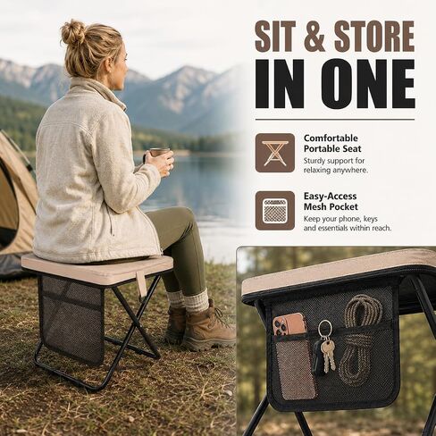 Soly Portable Folding Stool,14.2"Collapsible Camp Stool with Storage Pocket | Metal Frame, Fabric Seat, Mesh Pocket, Shoulder Strap, Compact Fold for Camping, Fishing, Hiking, or Travel in Saudi Arabia