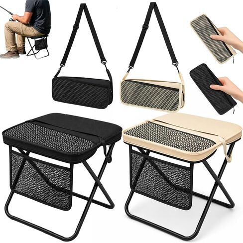 2 Pack Foldable Backpack Stools for Camping and Fishing | Black and beige portable seats with shoulder straps for hiking, beach trips, concerts, gardening and waiting in line in Saudi Arabia
