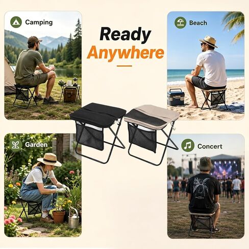 2 Pack Foldable Backpack Stools for Camping and Fishing | Black and beige portable seats with shoulder straps for hiking, beach trips, concerts, gardening and waiting in line in Saudi Arabia