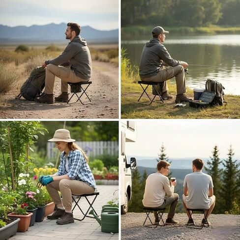 2 Pack Foldable Backpack Stools for Camping and Fishing | Black and beige portable seats with shoulder straps for hiking, beach trips, concerts, gardening and waiting in line in Saudi Arabia