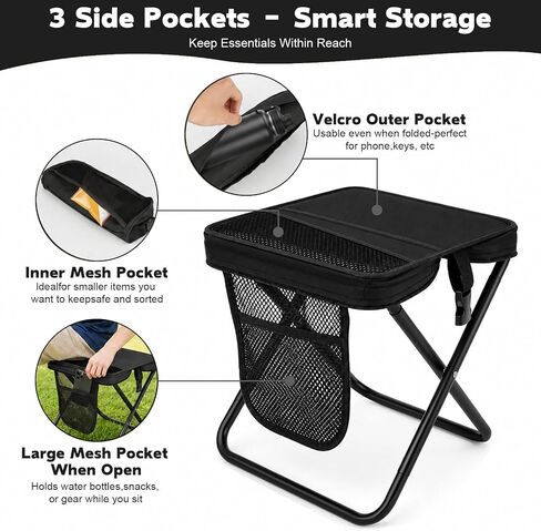 Take a Seat Anywhere! Folding Stool Holds 400 lbs – Lightweight & Collapsible with 3 Side Pockets & Shoulder Strap, Perfect Portable Chair for Hiking, Fishing, Camping in Saudi Arabia