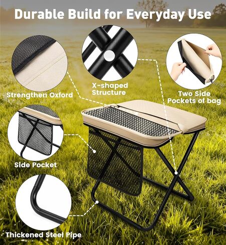 2 Pack Portable Folding Stools, Collapsible Pocket Chair, Foldable Camping Stool for Adults Backpack, Outdoor Seats Foot Rest, for Travel Hunting Fishing Hiking Gardening - Large, Khaki in Saudi Arabia