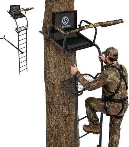 FUNHORUN Ladder Tree Stand for Deer Hunting, 15FT Treestand with Seat | Hunting Stand with Shooting Rail, Camouflage Fabric Armrest, 1 Person Heavy Duty Stand, Elevated Climbing Treestand Platform in Saudi Arabia