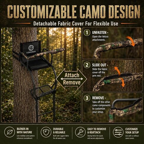 FUNHORUN Ladder Tree Stand for Deer Hunting, 15FT Treestand with Seat | Hunting Stand with Shooting Rail, Camouflage Fabric Armrest, 1 Person Heavy Duty Stand, Elevated Climbing Treestand Platform in Saudi Arabia