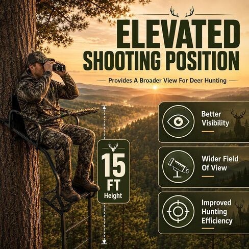 FUNHORUN Ladder Tree Stand for Deer Hunting, 15FT Treestand with Seat | Hunting Stand with Shooting Rail, Camouflage Fabric Armrest, 1 Person Heavy Duty Stand, Elevated Climbing Treestand Platform in Saudi Arabia