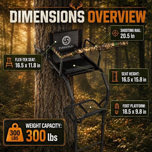 FUNHORUN Ladder Tree Stand for Deer Hunting, 15FT Treestand with Seat | Hunting Stand with Shooting Rail, Camouflage Fabric Armrest, 1 Person Heavy Duty Stand, Elevated Climbing Treestand Platform in Saudi Arabia