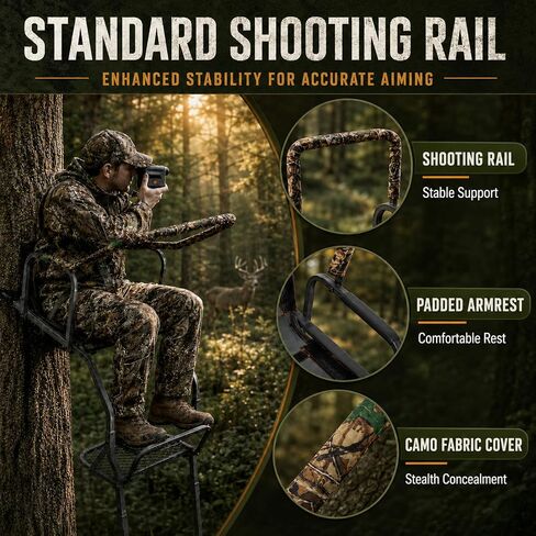 FUNHORUN Ladder Tree Stand for Deer Hunting, 15FT Treestand with Seat | Hunting Stand with Shooting Rail, Camouflage Fabric Armrest, 1 Person Heavy Duty Stand, Elevated Climbing Treestand Platform in Saudi Arabia
