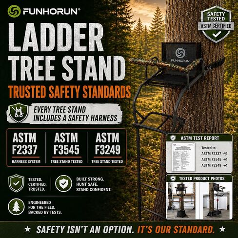 FUNHORUN Ladder Tree Stand for Deer Hunting, 15FT Treestand with Seat | Hunting Stand with Shooting Rail, Camouflage Fabric Armrest, 1 Person Heavy Duty Stand, Elevated Climbing Treestand Platform in Saudi Arabia
