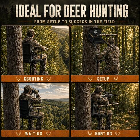 FUNHORUN Ladder Tree Stand for Deer Hunting, 15FT Treestand with Seat | Hunting Stand with Shooting Rail, Camouflage Fabric Armrest, 1 Person Heavy Duty Stand, Elevated Climbing Treestand Platform in Saudi Arabia