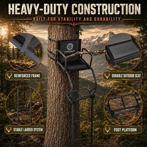 FUNHORUN Ladder Tree Stand for Deer Hunting, 15FT Treestand with Seat | Hunting Stand with Shooting Rail, Camouflage Fabric Armrest, 1 Person Heavy Duty Stand, Elevated Climbing Treestand Platform in Saudi Arabia