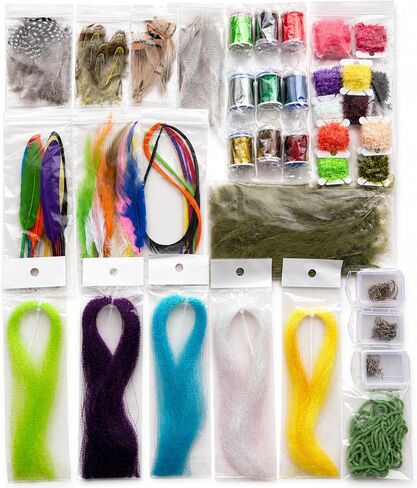 Fly Tying Materials Kit with Hooks Thread Crystal Flash Chenille Feathers, Complete Set for Beginners & Experienced Anglers in Saudi Arabia