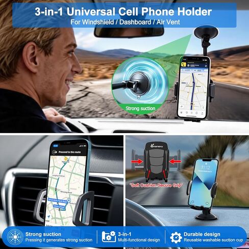 Vansky 3-in-1 Car Phone Holder: 3 Mountings - Fits Windshield Dash Vent | Helps Find Your Ideal Angle - Multi-Mount for Trucks SUVs Cars - Perfect Solution for iPhone & Samsung in Saudi Arabia