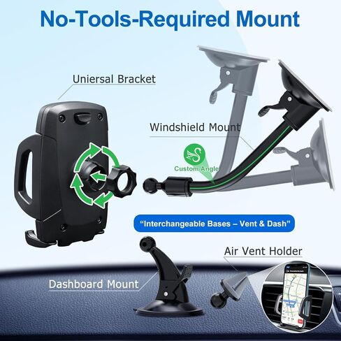 Vansky 3-in-1 Car Phone Holder: 3 Mountings - Fits Windshield Dash Vent | Helps Find Your Ideal Angle - Multi-Mount for Trucks SUVs Cars - Perfect Solution for iPhone & Samsung in Saudi Arabia