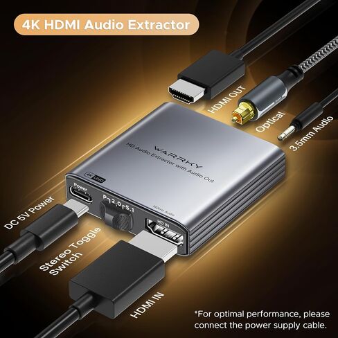 WARRKY 4K HDMI Audio Extractor, Convert HDMI to Optical S/PDIF and 3.5mm Aux RCA, [Supports Dolby Atmos Digital Plus, DTS], for TV Fire Stick, Speakers, PS5, Blu-ray Player, Amplifier, Headphones in Kuwait