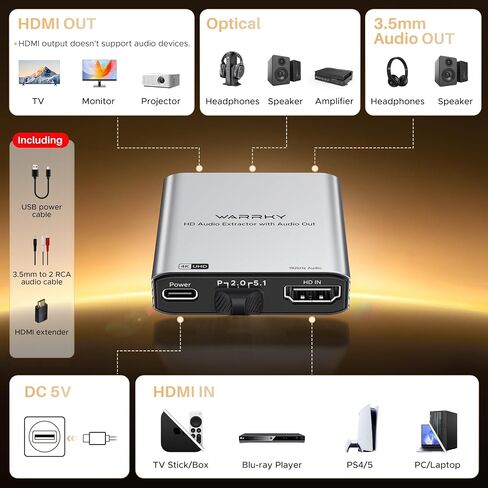 WARRKY 4K HDMI Audio Extractor, Convert HDMI to Optical S/PDIF and 3.5mm Aux RCA, [Supports Dolby Atmos Digital Plus, DTS], for TV Fire Stick, Speakers, PS5, Blu-ray Player, Amplifier, Headphones in Kuwait