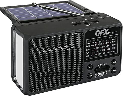 QFX R-37 6-Band (AM, FM, SW1 - SW4) Bluetooth LED Flashlight Solar Radio (2021 Model) | LED Flashlight, 5V USB Charging Port, USB Charging Cord, TF/USB Inputs, Telescoping Antenna in Kuwait
