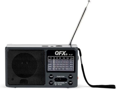 QFX R-37 6-Band (AM, FM, SW1 - SW4) Bluetooth LED Flashlight Solar Radio (2021 Model) | LED Flashlight, 5V USB Charging Port, USB Charging Cord, TF/USB Inputs, Telescoping Antenna in Kuwait