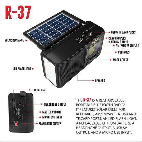 QFX R-37 6-Band (AM, FM, SW1 - SW4) Bluetooth LED Flashlight Solar Radio (2021 Model) | LED Flashlight, 5V USB Charging Port, USB Charging Cord, TF/USB Inputs, Telescoping Antenna in Kuwait