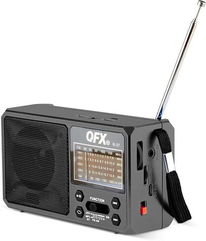 QFX R-37 6-Band (AM, FM, SW1 - SW4) Bluetooth LED Flashlight Solar Radio (2021 Model) | LED Flashlight, 5V USB Charging Port, USB Charging Cord, TF/USB Inputs, Telescoping Antenna in Kuwait