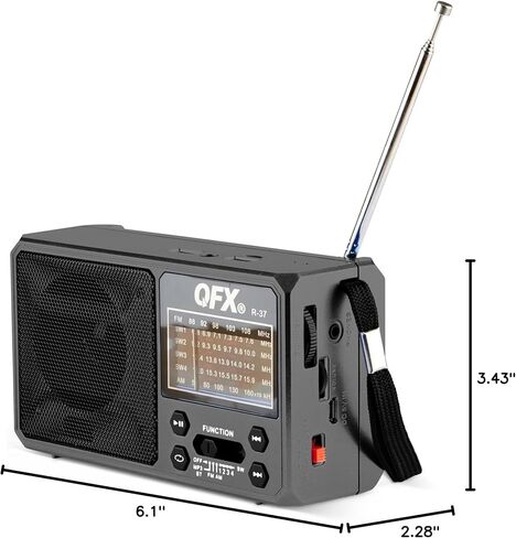 QFX R-37 6-Band (AM, FM, SW1 - SW4) Bluetooth LED Flashlight Solar Radio (2021 Model) | LED Flashlight, 5V USB Charging Port, USB Charging Cord, TF/USB Inputs, Telescoping Antenna in Kuwait