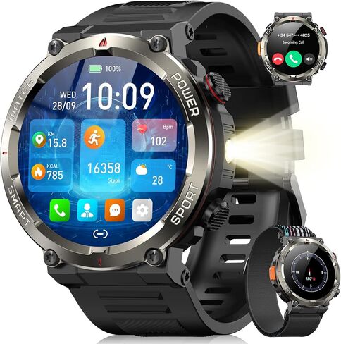 Military Smart Watch for Men(Answer/Make Calls),Outdoor Smartwatch with 100 Days Battery/Flashlight/Compass/Heart Rate/SpO2/Sleep Monitor/2 Straps, Rugged Fitness Watch for iPhone/Android Phones in Saudi Arabia