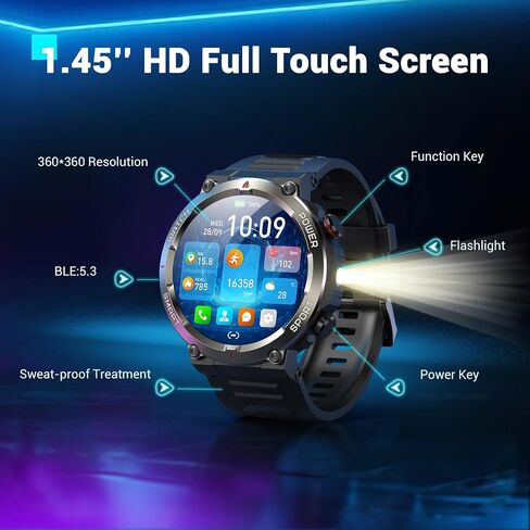 Military Smart Watch for Men(Answer/Make Calls),Outdoor Smartwatch with 100 Days Battery/Flashlight/Compass/Heart Rate/SpO2/Sleep Monitor/2 Straps, Rugged Fitness Watch for iPhone/Android Phones in Saudi Arabia