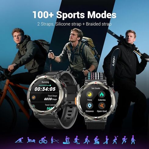 Military Smart Watch for Men(Answer/Make Calls),Outdoor Smartwatch with 100 Days Battery/Flashlight/Compass/Heart Rate/SpO2/Sleep Monitor/2 Straps, Rugged Fitness Watch for iPhone/Android Phones in Saudi Arabia