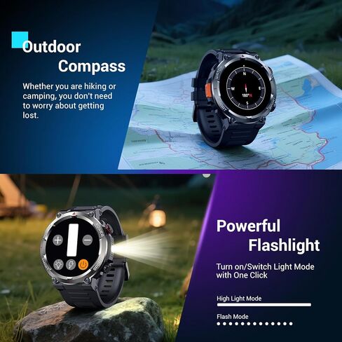 Military Smart Watch for Men(Answer/Make Calls),Outdoor Smartwatch with 100 Days Battery/Flashlight/Compass/Heart Rate/SpO2/Sleep Monitor/2 Straps, Rugged Fitness Watch for iPhone/Android Phones in Saudi Arabia