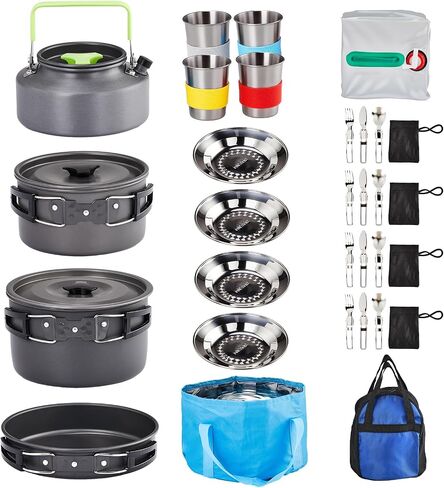 ROVSUN 34 pcs Camping Cookware Mess Kit, Lightweight Non-Stick Camping Cooking Pot and Pan Set with Stainless Steel Camping Gear Kettle Cup for Open Fire, Backpacking, Outdoor Cooking in Saudi Arabia