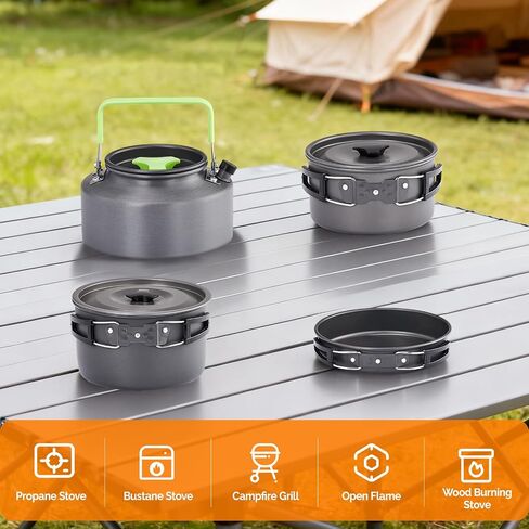 ROVSUN 34 pcs Camping Cookware Mess Kit, Lightweight Non-Stick Camping Cooking Pot and Pan Set with Stainless Steel Camping Gear Kettle Cup for Open Fire, Backpacking, Outdoor Cooking in Saudi Arabia