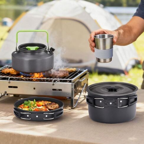 ROVSUN 34 pcs Camping Cookware Mess Kit, Lightweight Non-Stick Camping Cooking Pot and Pan Set with Stainless Steel Camping Gear Kettle Cup for Open Fire, Backpacking, Outdoor Cooking in Saudi Arabia
