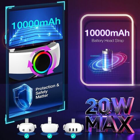 Hurra 10000mAh Head Strap with Battery Compatible with Meta Quest 2/3/3S | 20W Fast Rechargeable Elite Strap Extend 6-8H Playtime, RGB Battery Pack VR Head Strap Accessories in Kuwait