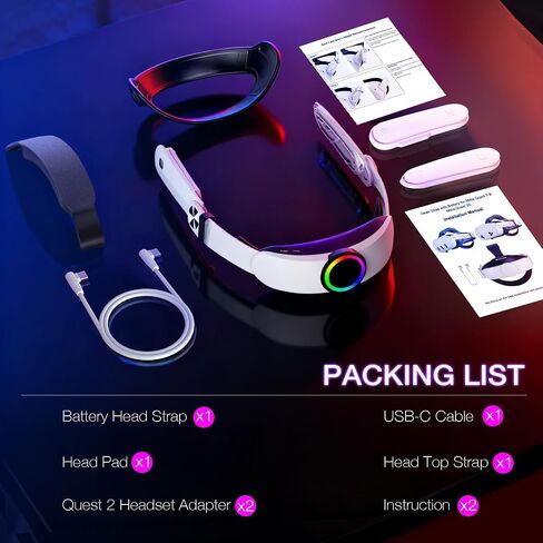 Hurra 10000mAh Head Strap with Battery Compatible with Meta Quest 2/3/3S | 20W Fast Rechargeable Elite Strap Extend 6-8H Playtime, RGB Battery Pack VR Head Strap Accessories in Kuwait