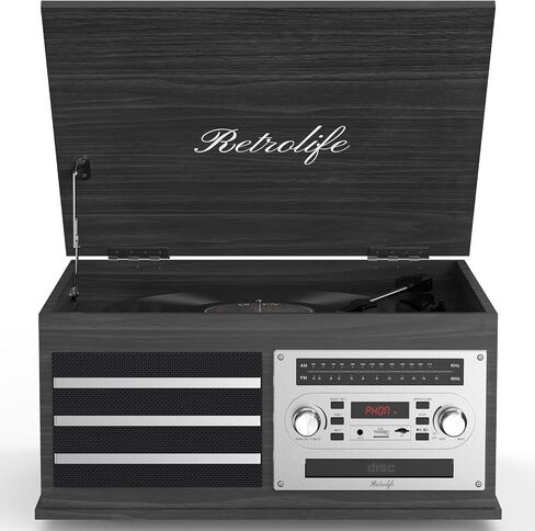 Retrolife® Vinyl Record Player 10-in-1 Music Center Vintage Turntable,Black | Built-in Speakers,3 Speed,BT Wireless Input Output,CD Tape Cassette Player,AM FM Radio,RCA,Vinyl Recording to USB,Auto Stop in Saudi Arabia