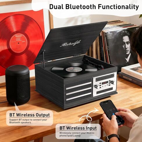 Retrolife® Vinyl Record Player 10-in-1 Music Center Vintage Turntable,Black | Built-in Speakers,3 Speed,BT Wireless Input Output,CD Tape Cassette Player,AM FM Radio,RCA,Vinyl Recording to USB,Auto Stop in Saudi Arabia