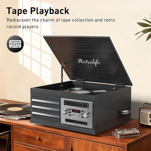 Retrolife® Vinyl Record Player 10-in-1 Music Center Vintage Turntable,Black | Built-in Speakers,3 Speed,BT Wireless Input Output,CD Tape Cassette Player,AM FM Radio,RCA,Vinyl Recording to USB,Auto Stop in Saudi Arabia