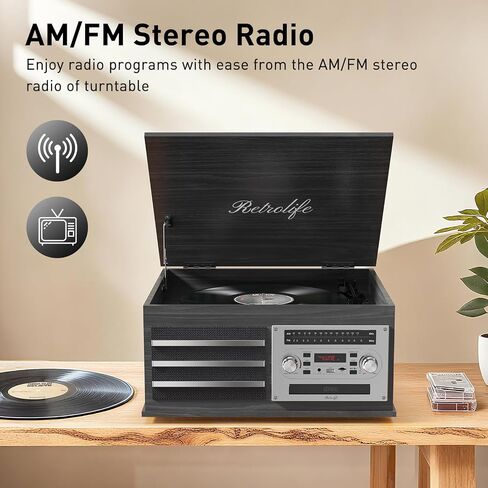 Retrolife® Vinyl Record Player 10-in-1 Music Center Vintage Turntable,Black | Built-in Speakers,3 Speed,BT Wireless Input Output,CD Tape Cassette Player,AM FM Radio,RCA,Vinyl Recording to USB,Auto Stop in Saudi Arabia