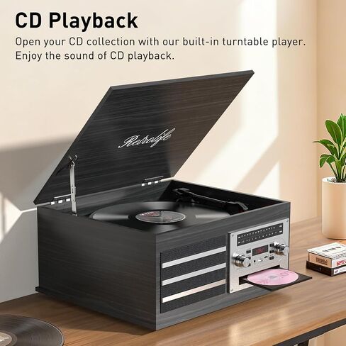 Retrolife® Vinyl Record Player 10-in-1 Music Center Vintage Turntable,Black | Built-in Speakers,3 Speed,BT Wireless Input Output,CD Tape Cassette Player,AM FM Radio,RCA,Vinyl Recording to USB,Auto Stop in Saudi Arabia
