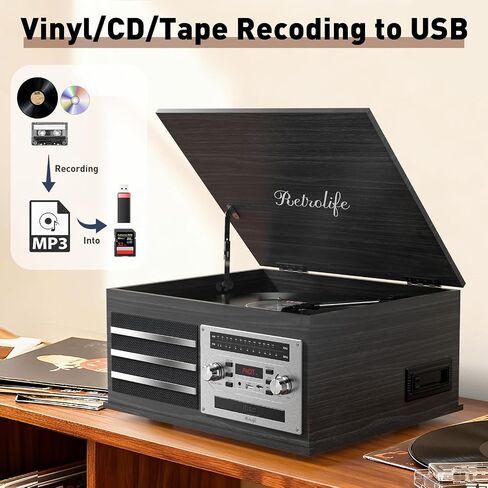 Retrolife® Vinyl Record Player 10-in-1 Music Center Vintage Turntable,Black | Built-in Speakers,3 Speed,BT Wireless Input Output,CD Tape Cassette Player,AM FM Radio,RCA,Vinyl Recording to USB,Auto Stop in Saudi Arabia