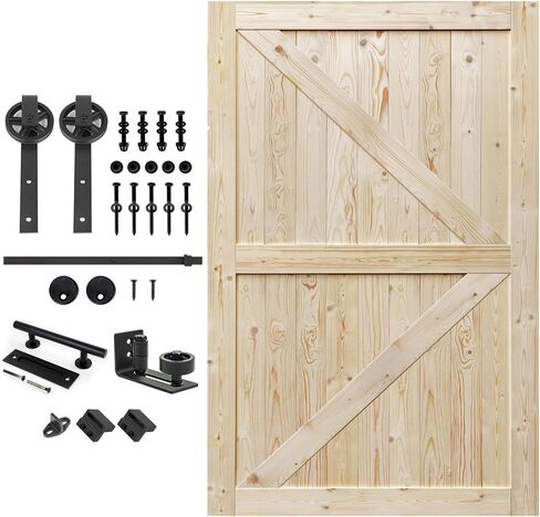 S&Z TOPHAND 54in x 80in Unfinished British Brace Knotty Barn Door with 10FT Sliding Door Hardware Kit/Solid Wood/Sliding Door/Double Surfaces/Simple Assembly is Required(54, Big Wheel Matte Black) in Saudi Arabia