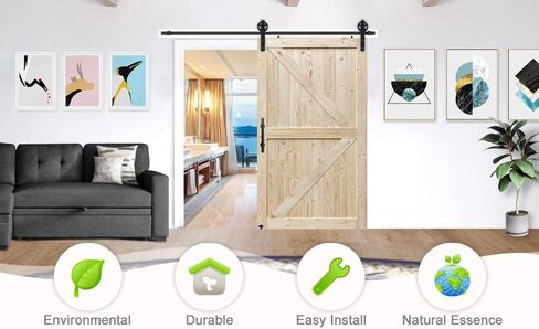 S&Z TOPHAND 54in x 80in Unfinished British Brace Knotty Barn Door with 10FT Sliding Door Hardware Kit/Solid Wood/Sliding Door/Double Surfaces/Simple Assembly is Required(54, Big Wheel Matte Black) in Saudi Arabia