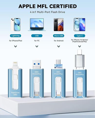 MFi Certified Flash Drive for iPhone iPad 256GB, Photo Stick for External Memory Storage, Easily Back Up and Save Photos Videos, USB Memory Stick Thumb Drive for iPhone/iPad/Android/PC (Sky Blue) in Saudi Arabia