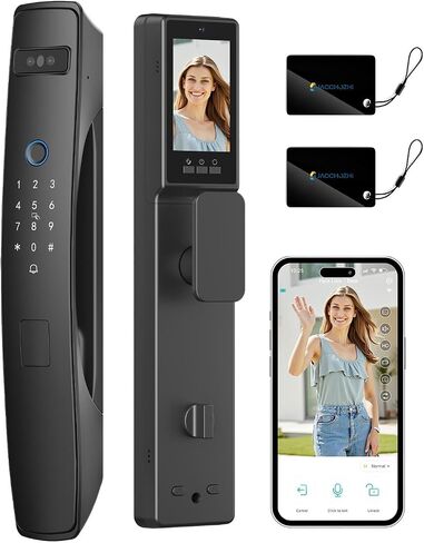 3D Face Recognition Smart Lock with Dual Cameras & Doorbell | Face ID + Palm Vein + Fingerprint, 2-Way Video, 4" IPS Screen, Night Vision, Tamper Alarm, WiFi Mortise Lock for Front Door in Kuwait