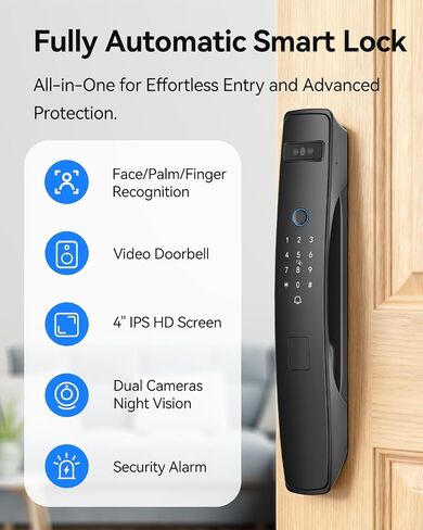 3D Face Recognition Smart Lock with Dual Cameras & Doorbell | Face ID + Palm Vein + Fingerprint, 2-Way Video, 4" IPS Screen, Night Vision, Tamper Alarm, WiFi Mortise Lock for Front Door in Kuwait