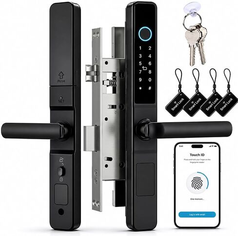 Smart Door Lock with Handle, 5-in-1 Keyless Entry for Aluminum & Wooden Doors, Fingerprint, TTLock App Control, Digital Keypad, IC Card Access, Waterproof, Built-in Doorbell (Aluminum, Deadbolt) in Saudi Arabia