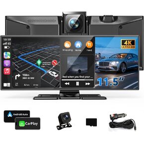11.5" Wireless Carplay Screen for Car, Portable A pple Carplay & Android Auto Touch Screen, 4K Dash Cam/App Control/1080p Backup Camera/Mirror Link/Voice Control/GPS/Bluetooth,for All Vehicles in Kuwait