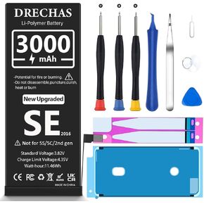 بطارية لهاتف iPhone SE 2016 الجيل الأول (3000 مللي أمبير)، بطارية بديلة ليثيوم بوليمر عالية السعة 0 دورة لهاتف iPhone SE 2016 الجيل الأول A1662، A1723، A1724 مع مجموعة أدوات إصلاح احترافية in Kuwait